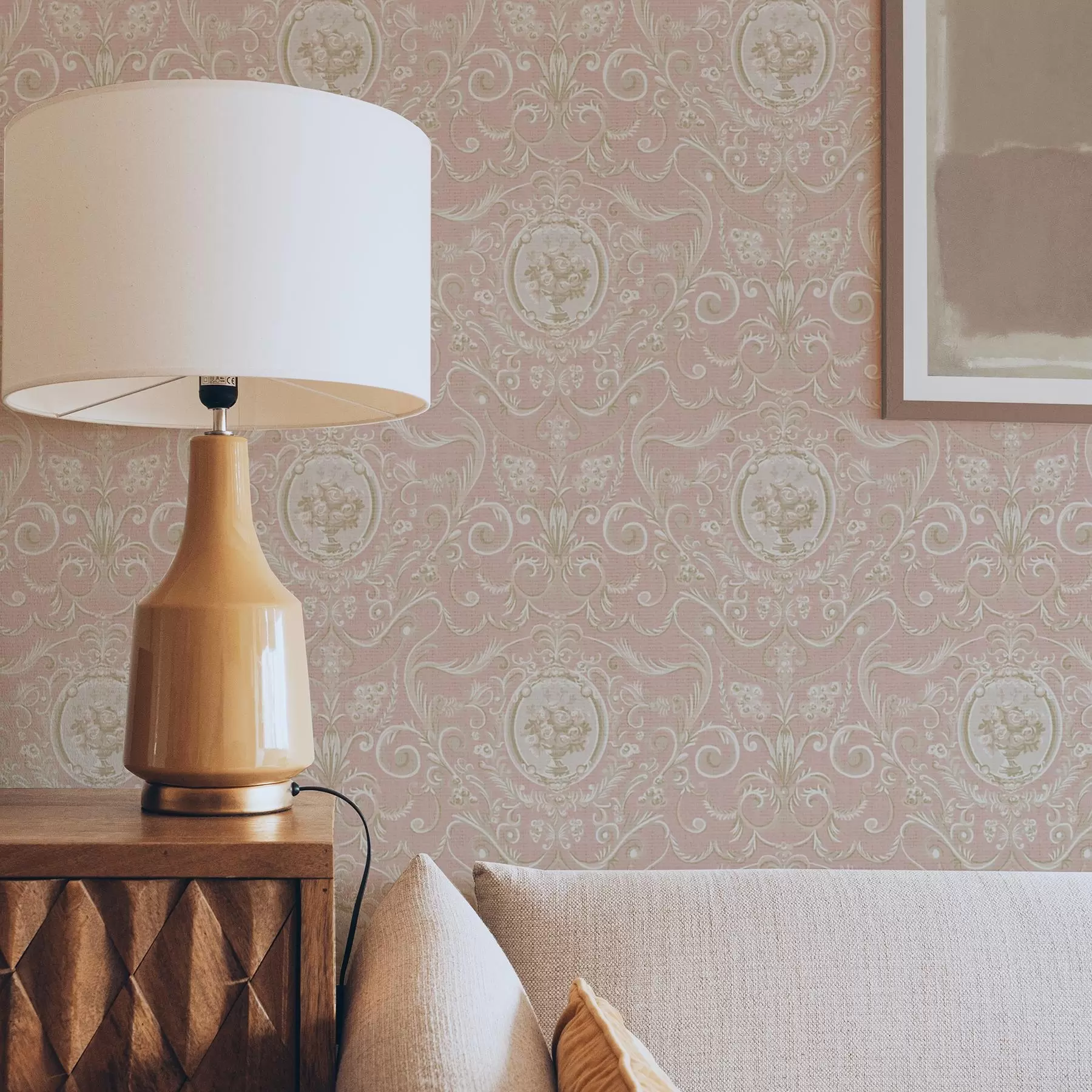 Papier peint photo Motif classique rose avec médaillons et fleurs a00185