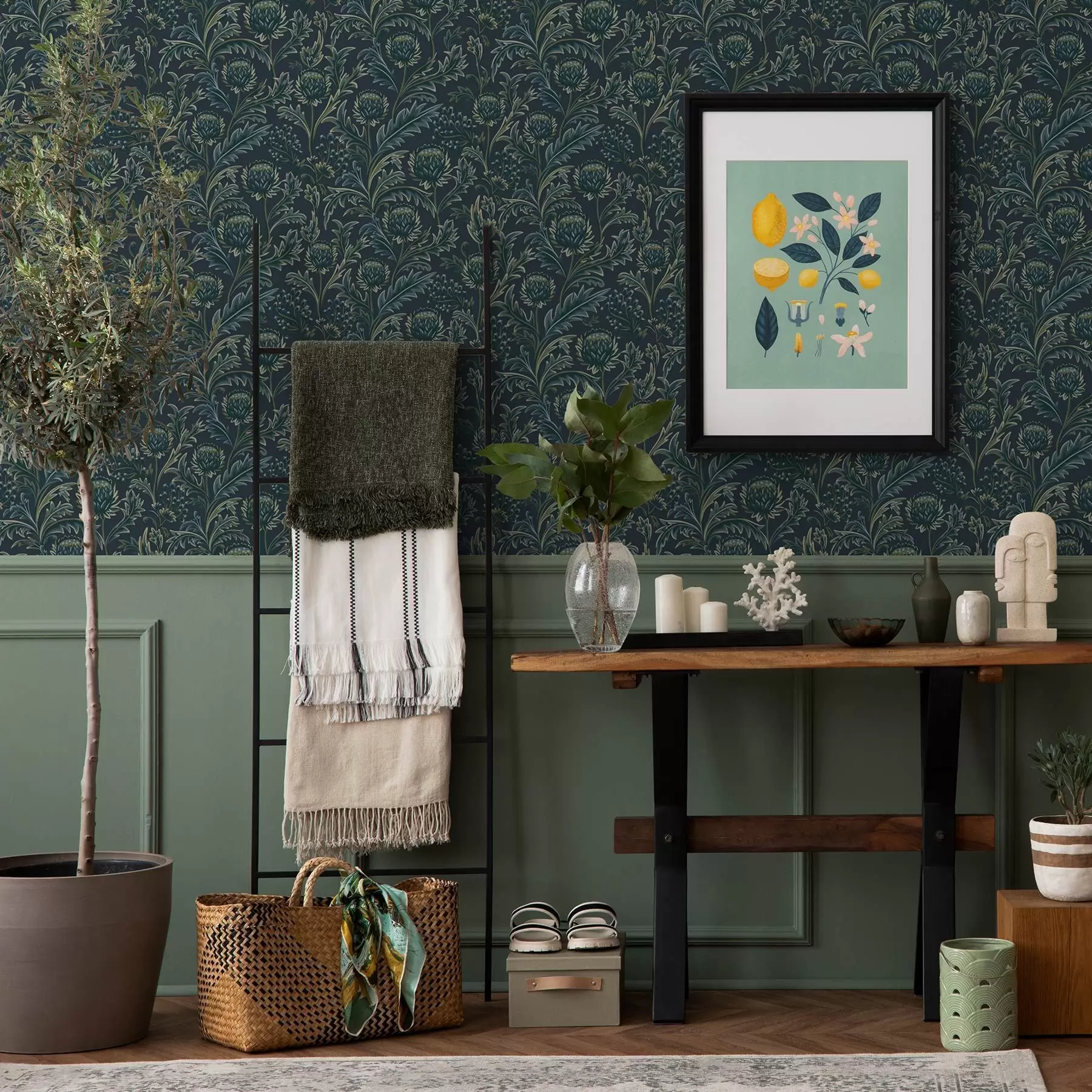 Fotobehang Donkergroen bloemenpatroon met artisjokken a00186