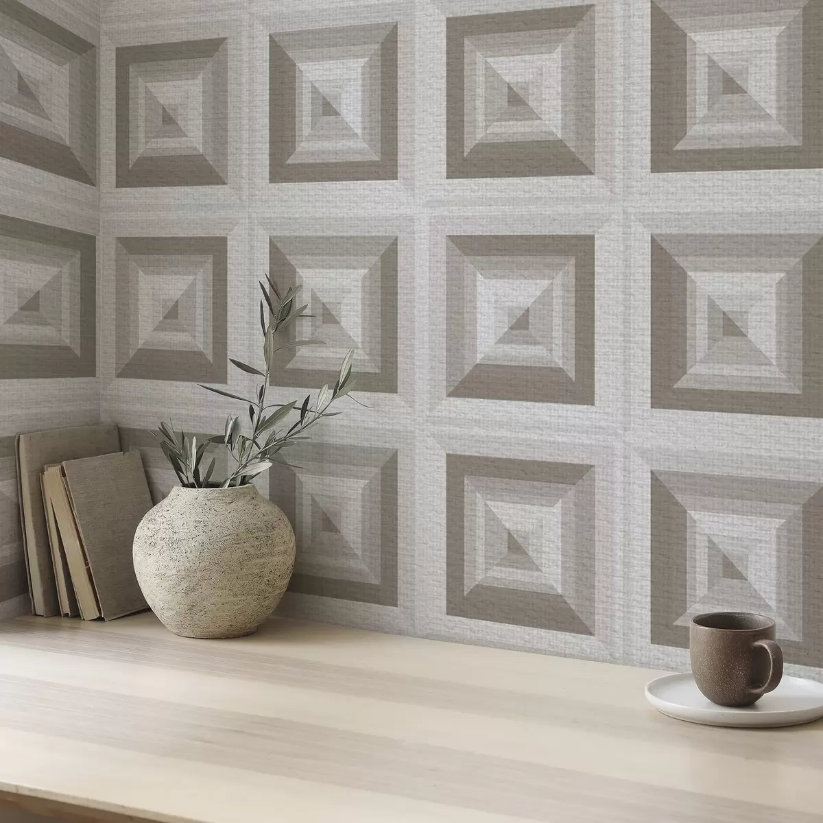 Behang Geometrisch driedimensionaal patroon in grijs en beige a00187