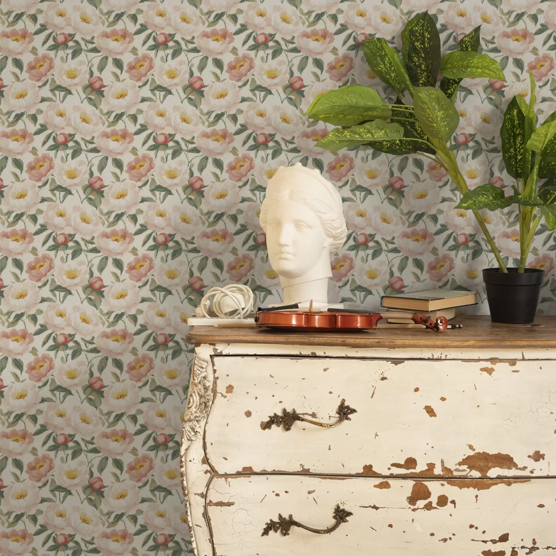 Fotobehang Aquarel pioenrozen in lichte kleuren in retrostijl a00193