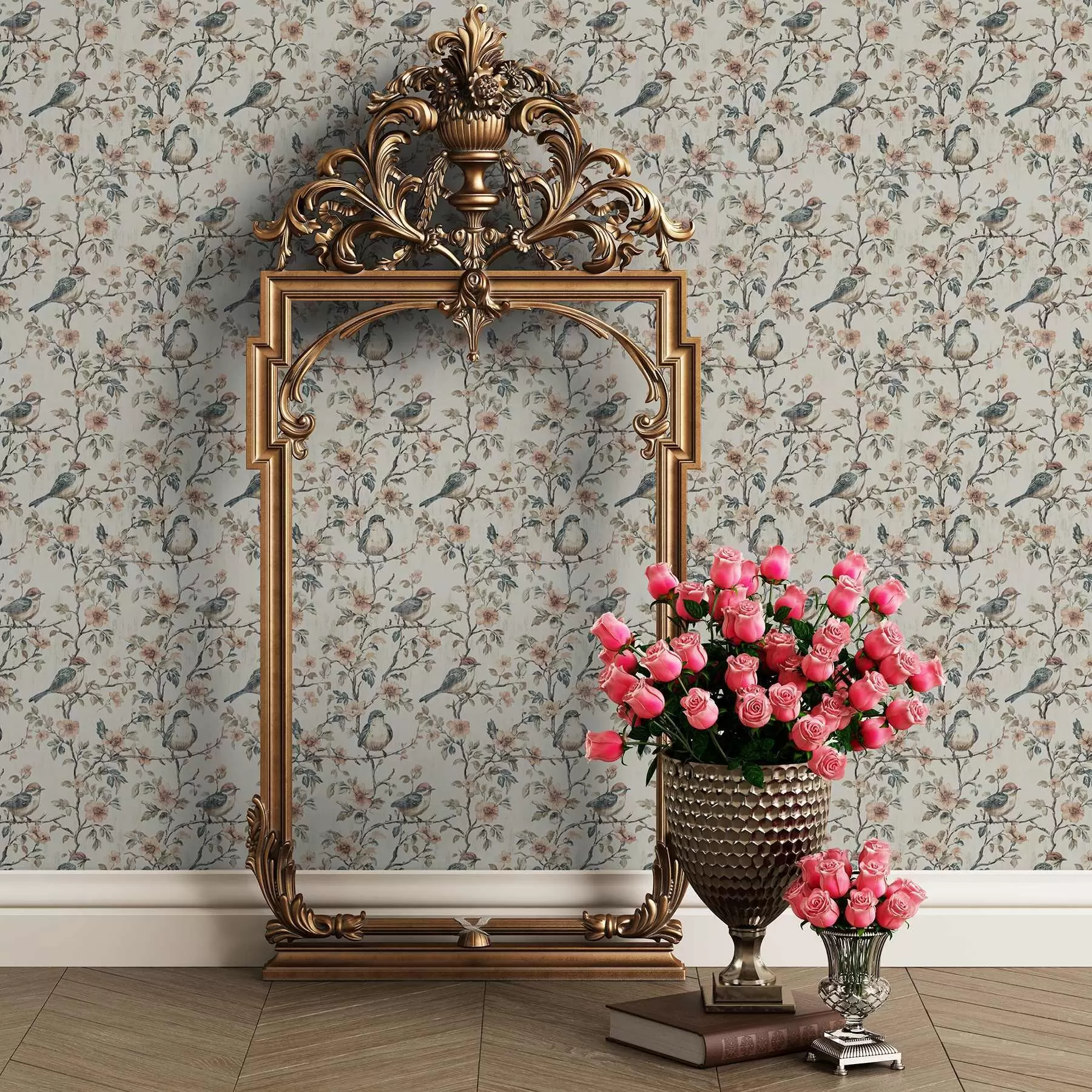 Fotobehang Vogels op takken met bloemen in retro aquarelstijl a00197