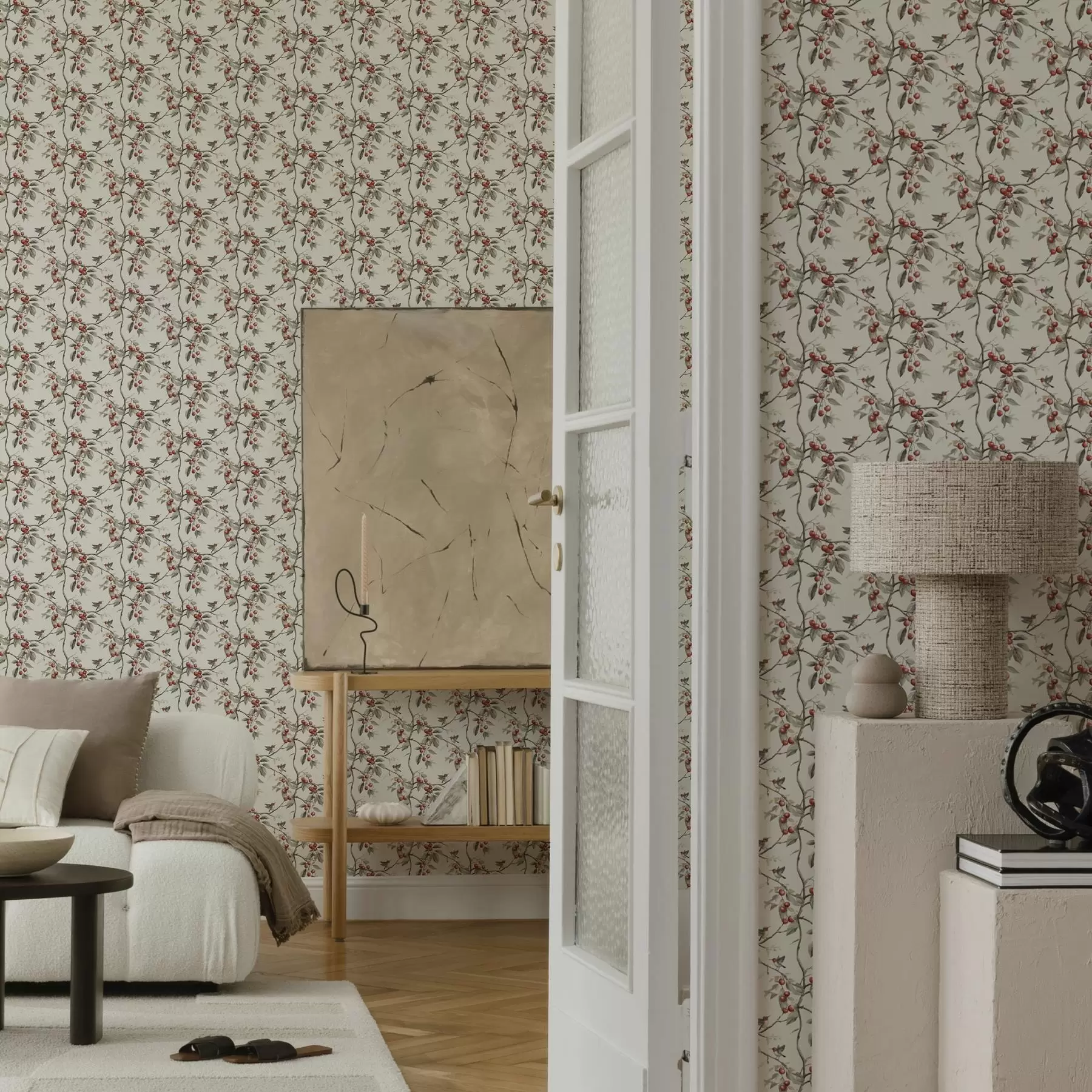 Papier peint photo Oiseaux parmi des branches de cerisier avec des baies rouges a00206