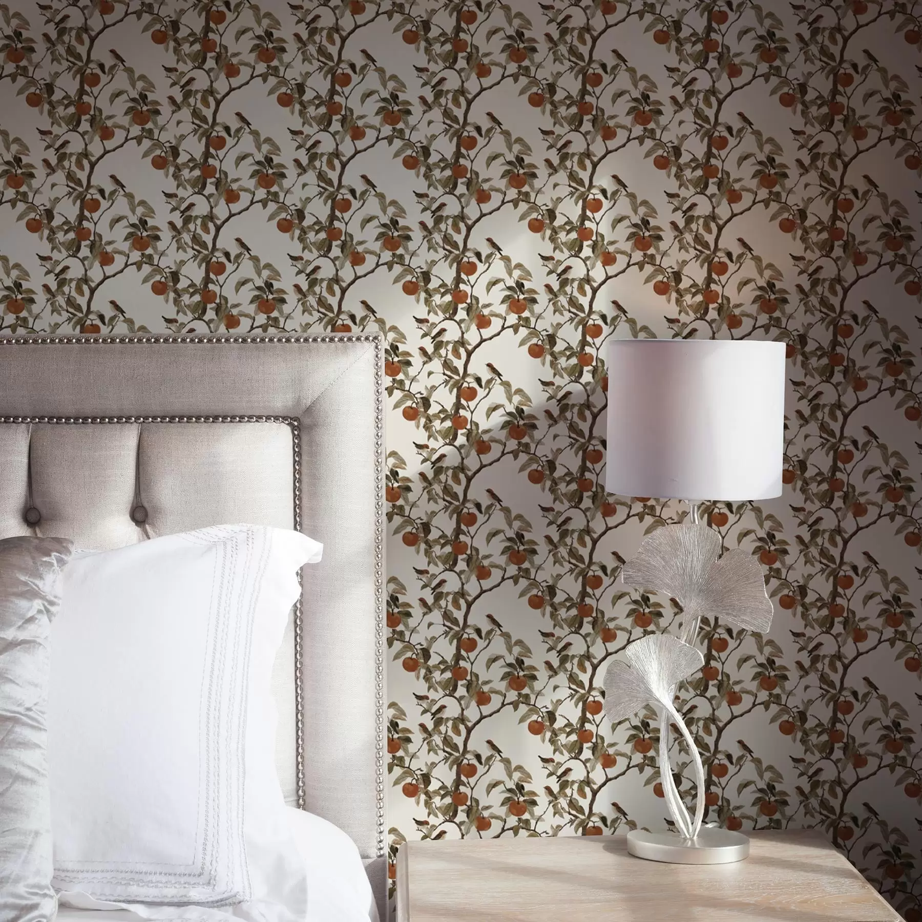 Fotobehang Vogels en sinaasappels op takken, vintage plantkunde a00208