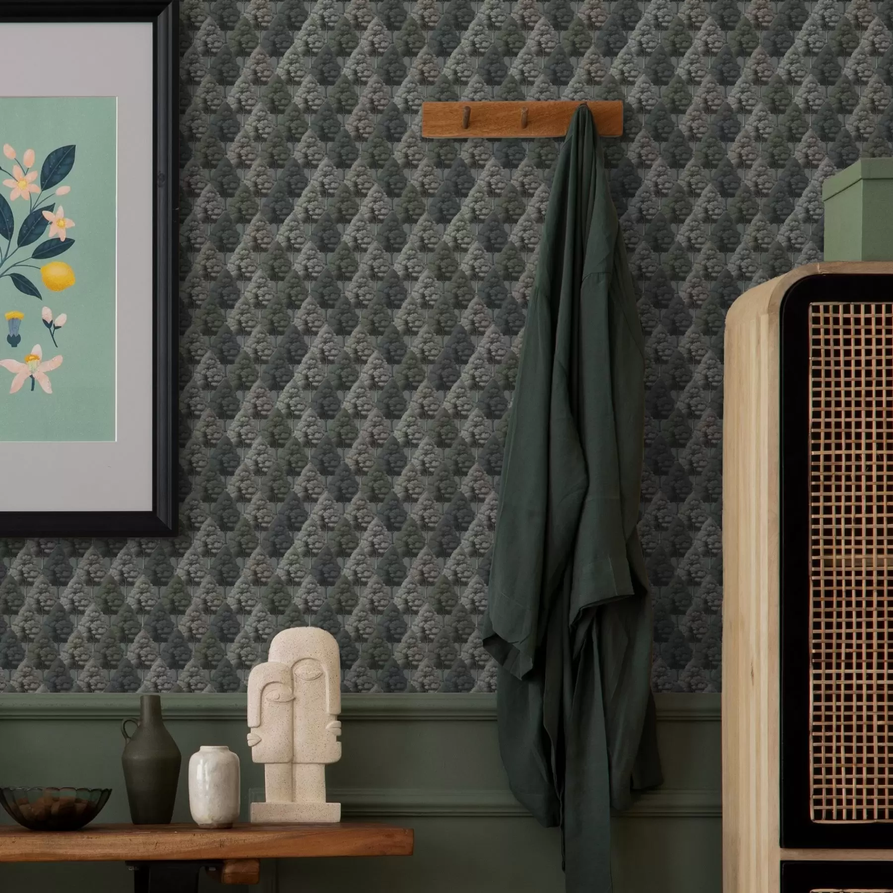 Fotobehang Geometrisch bospatroon met bomen in groene kleuren a00209