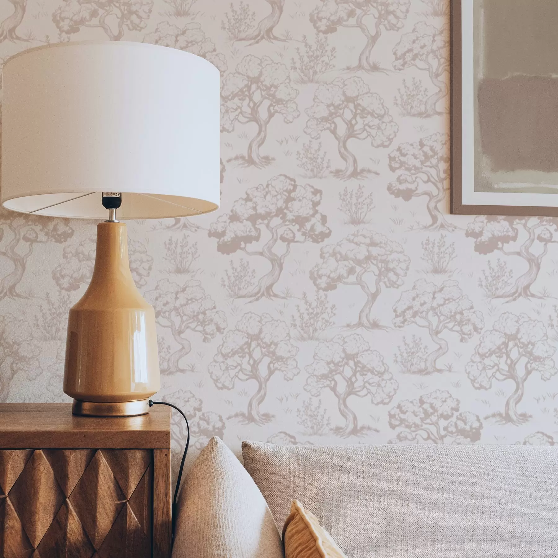 Fotobehang Monochrome silhouetten van bomen in vintage stijl, beige kleurenschema a00210