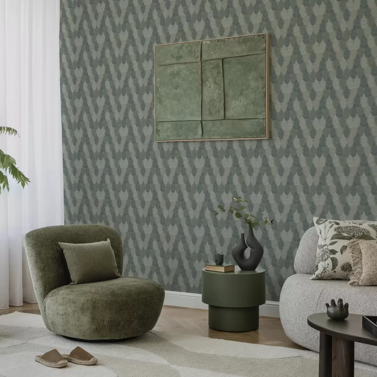 Behang Varenbladeren, geometrisch patroon, groene en blauwe kleuren a00211