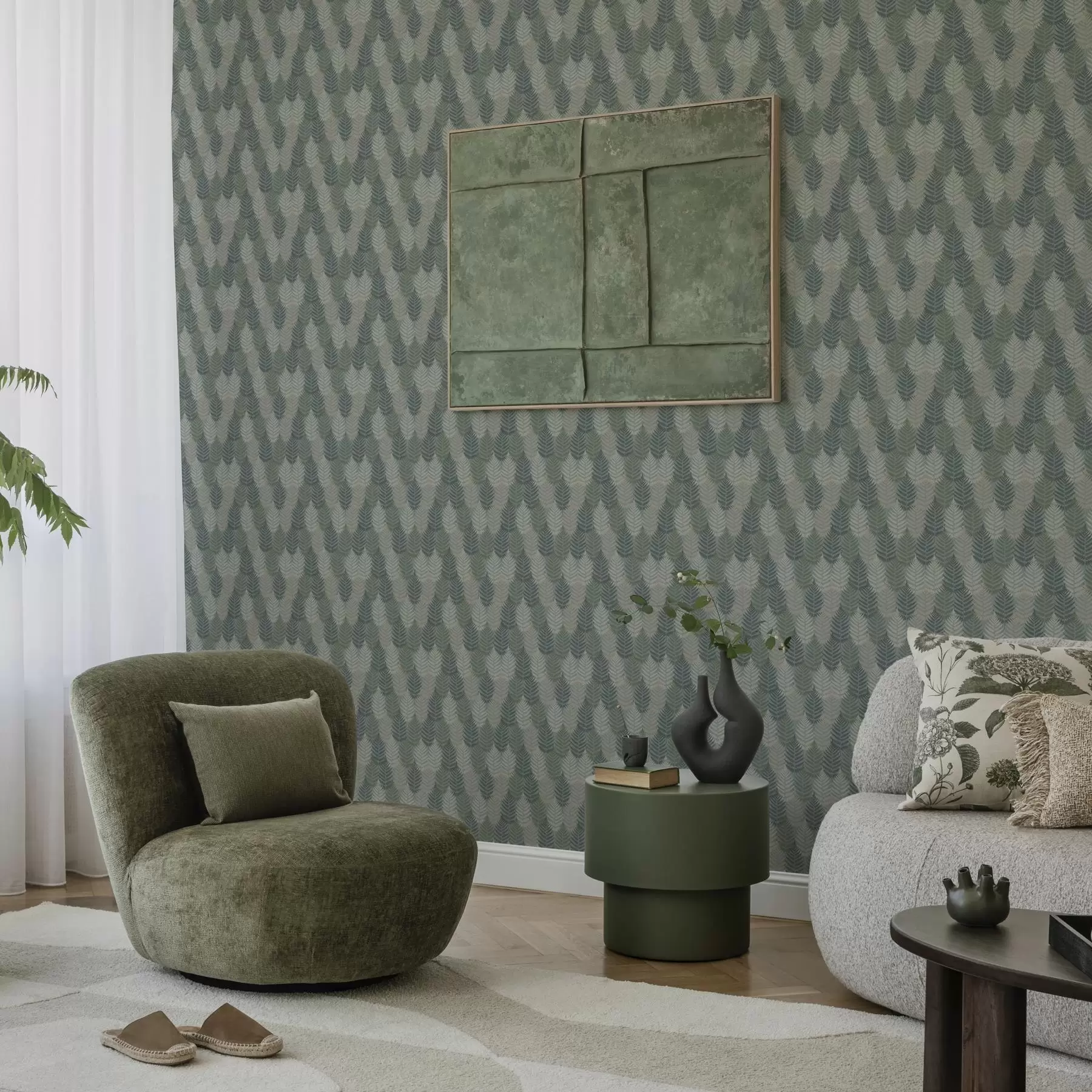 Fotobehang Varenbladeren, geometrisch patroon, groene en blauwe kleuren a00211