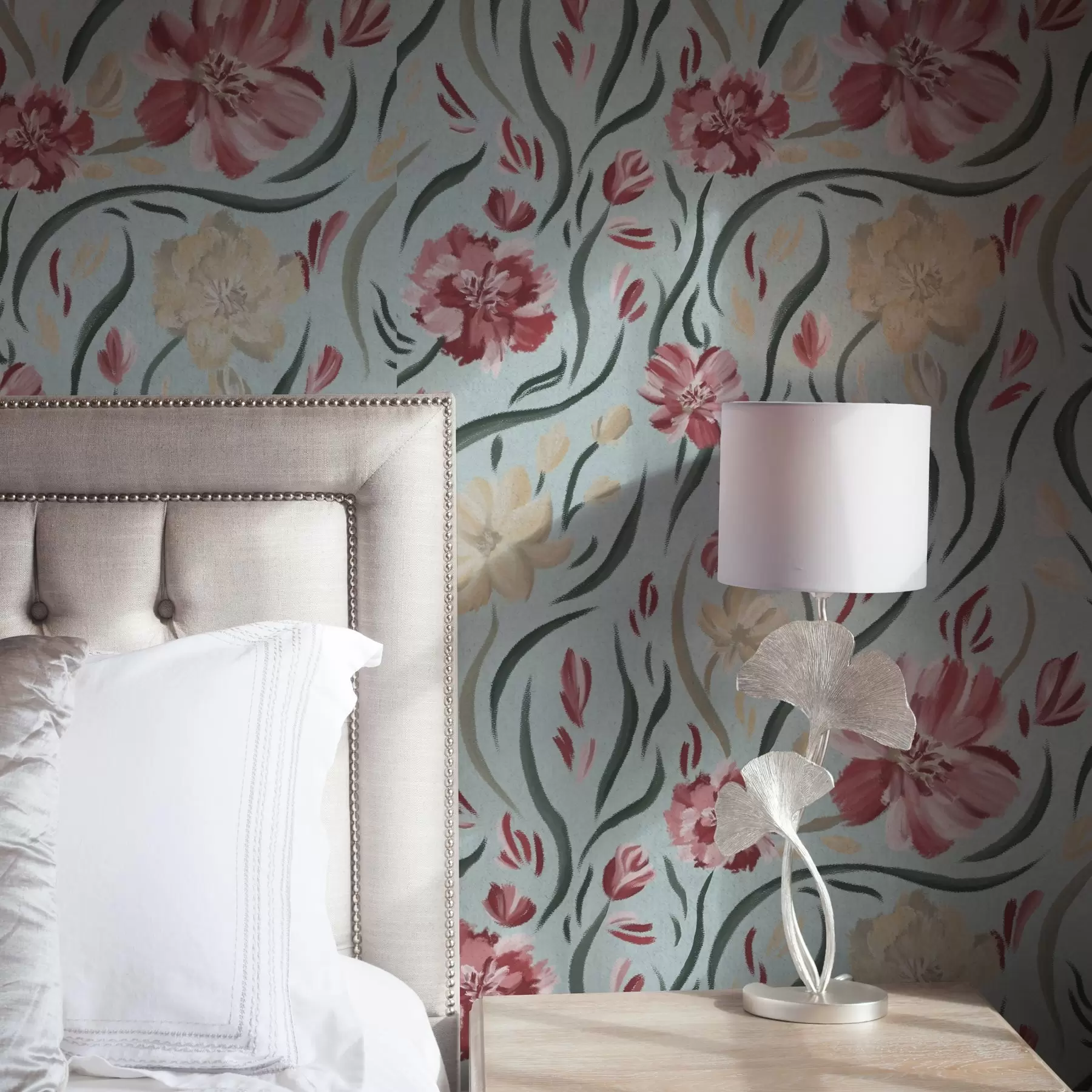 Fotobehang Aquarel bloemen op een blauwe achtergrond, rood en beige patroon a00216