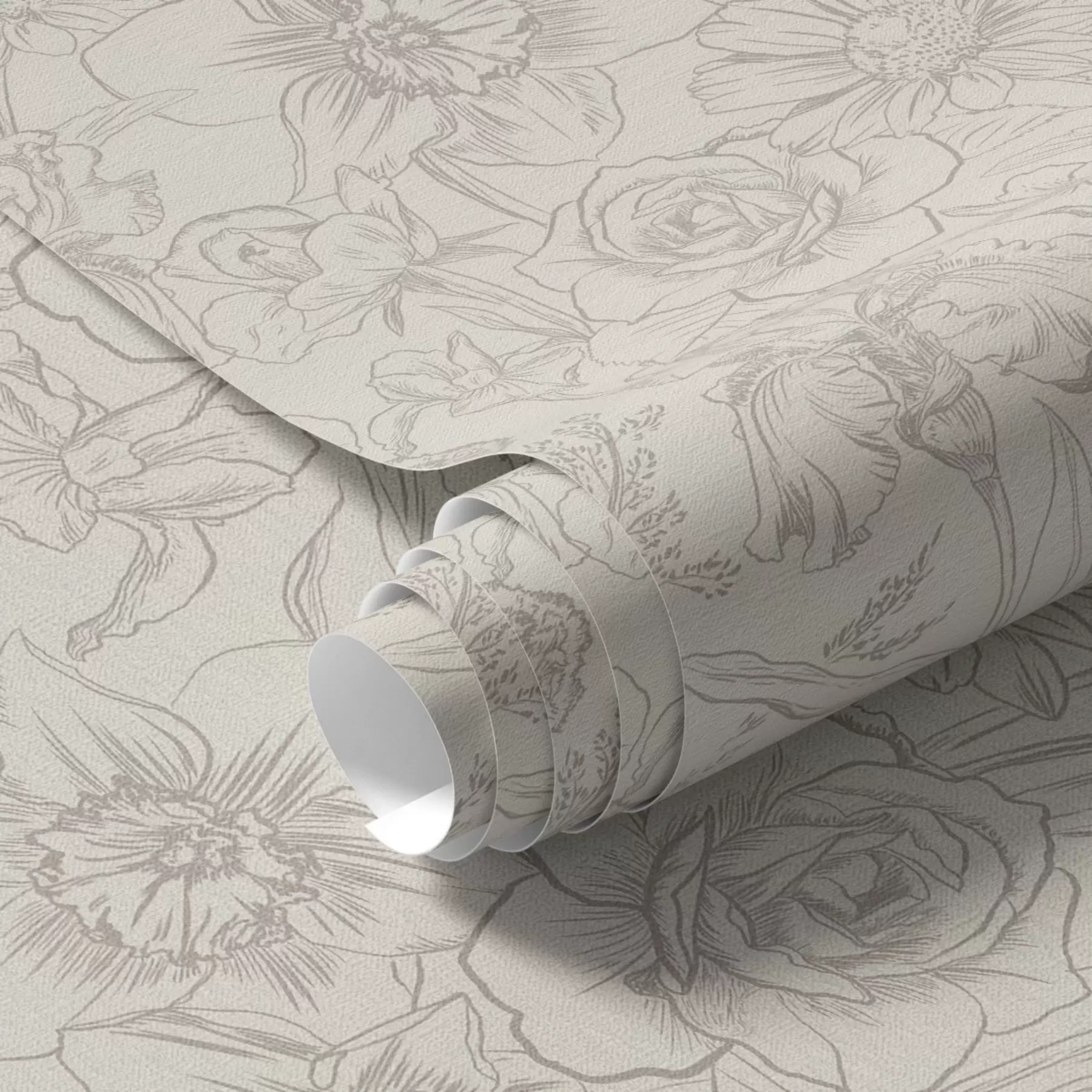 Fotobehang Contourbloemen op een crèmekleurige achtergrond, delicaat bloemenpatroon a00218