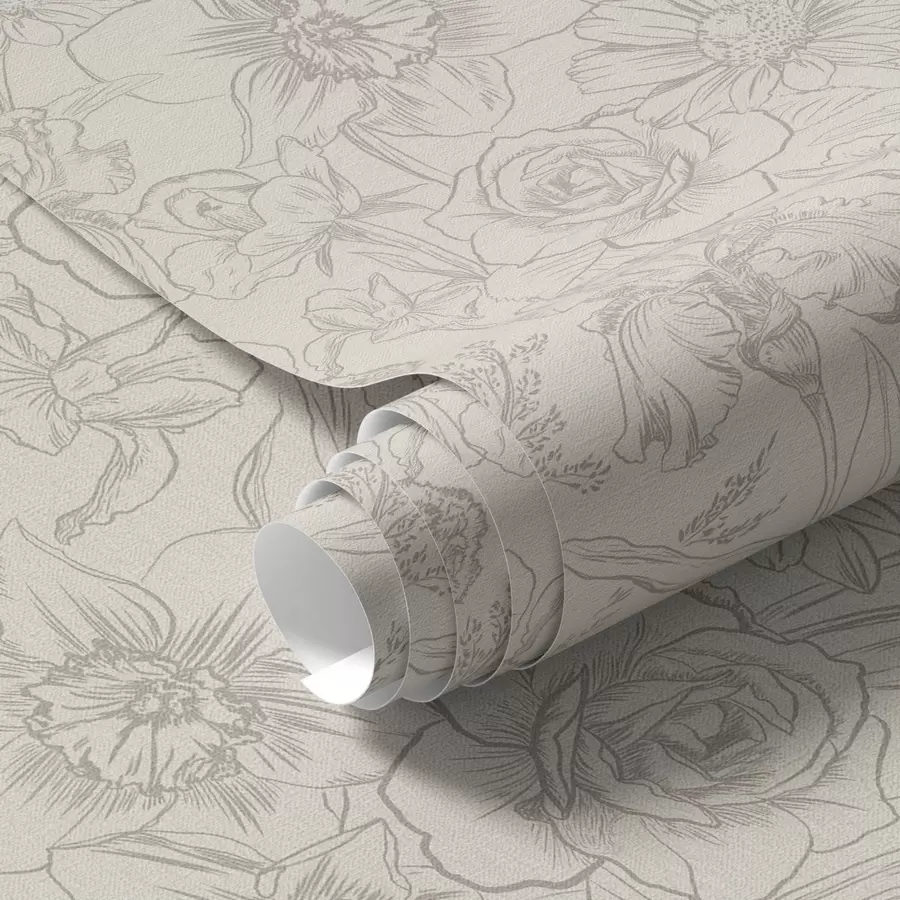 Papier peint photo Fleurs de contour sur fond crème, motif floral délicat a00218