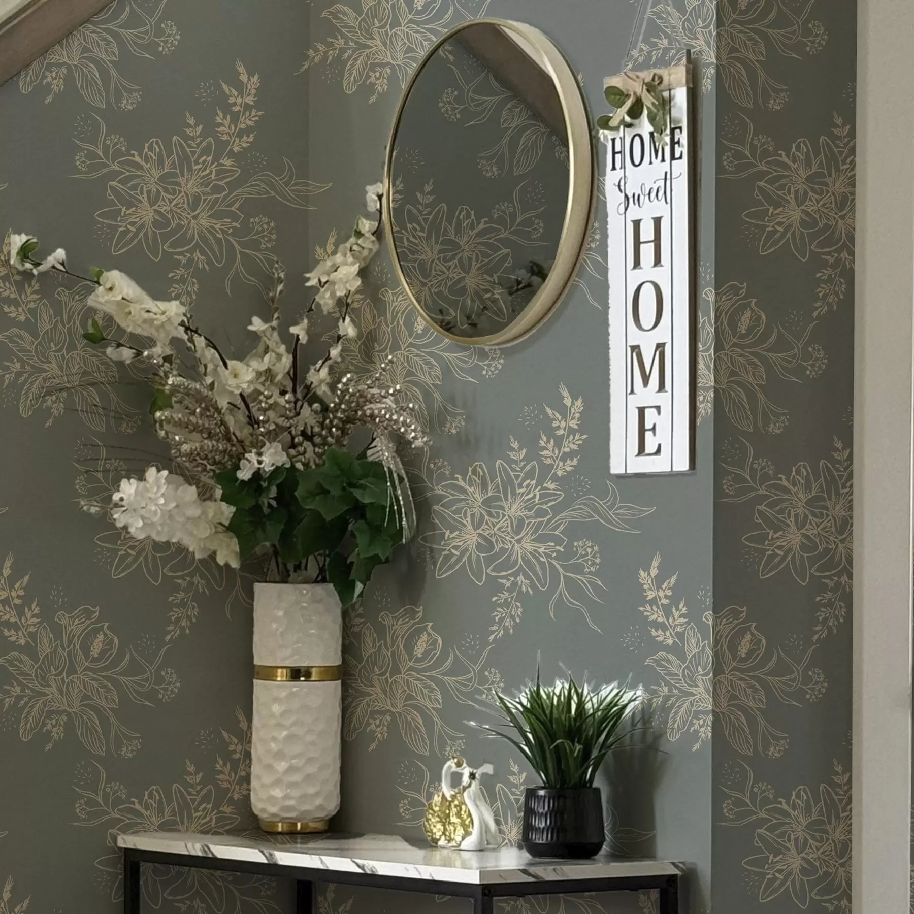 Fotobehang Contourbloemen op blauwgrijze achtergrond, elegant botanisch patroon a00226