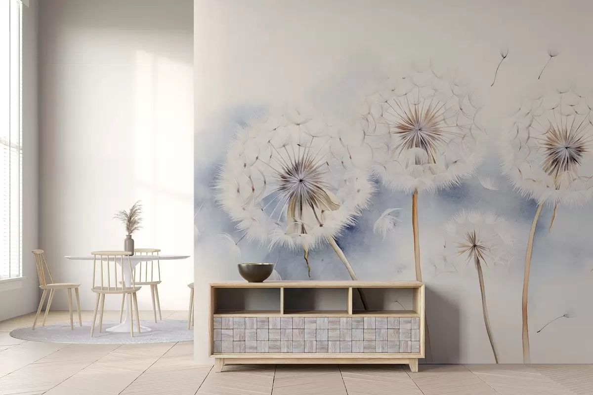 Fotobehang Gestructureerde paardenbloemen met zaden die in de lucht zweven, lichtblauwe en witte achtergrond, zachte delicate tekenstijl w09190