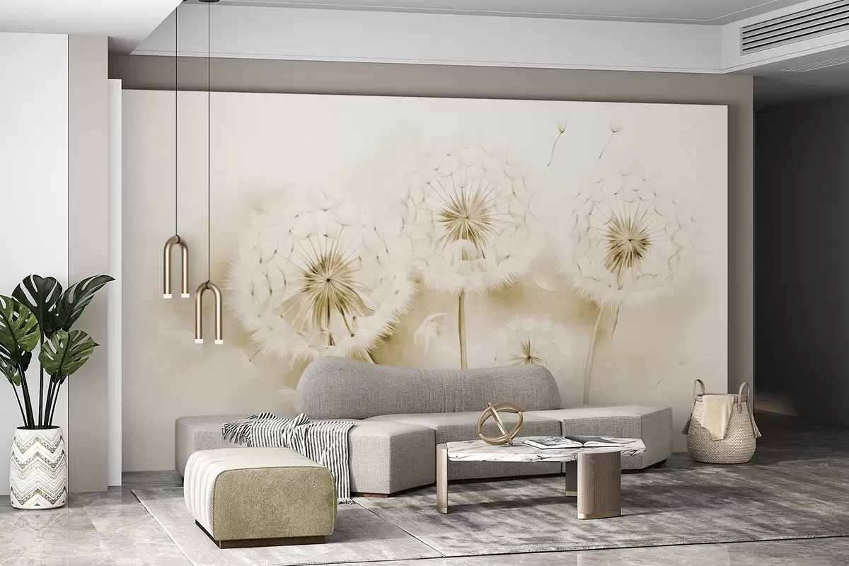 Fotobehang Gestructureerde paardenbloemen met zaden die in de lucht zweven, gedempte gele en witte achtergrond, zachte delicate tekenstijl w09190v1
