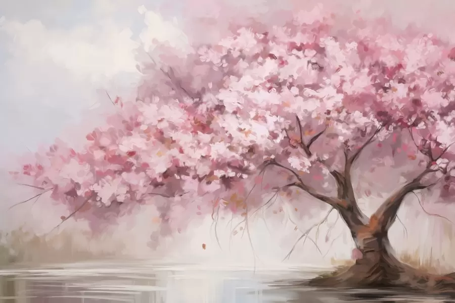 Fotobehang Abstracte roze bloesemboom in volle bloei, naast een rivier, zachte penseelstreken en pastelkleuren w09193