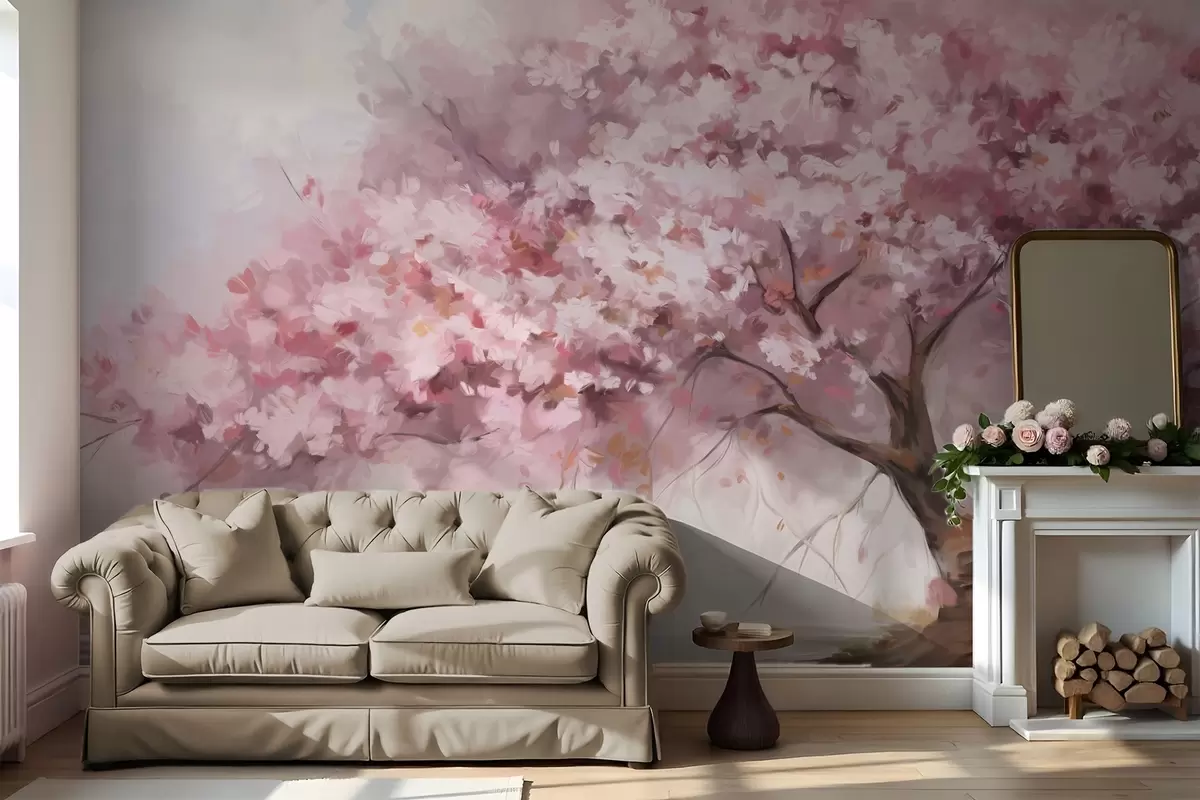 Fotobehang Abstracte roze bloesemboom in volle bloei, naast een rivier, zachte penseelstreken en pastelkleuren w09193