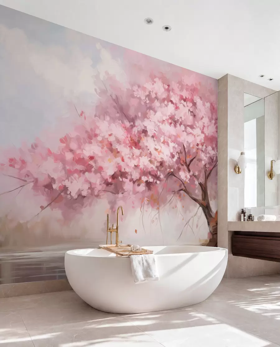 Fotobehang Abstracte roze bloesemboom in volle bloei, naast een rivier, zachte penseelstreken en pastelkleuren w09193