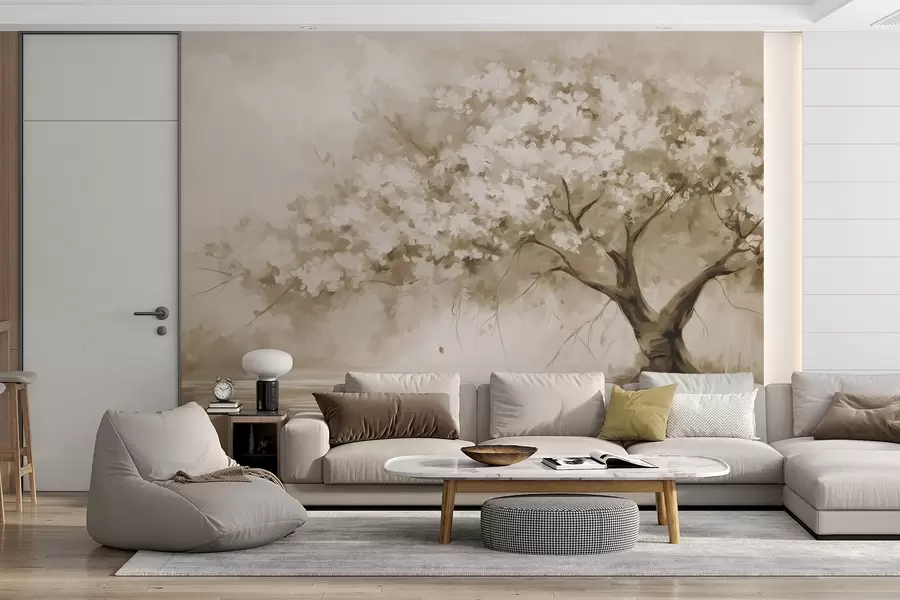Fotobehang Abstracte beige bloesemboom in volle bloei, naast een rivier, zachte penseelstreken en pastelkleuren w09193v1