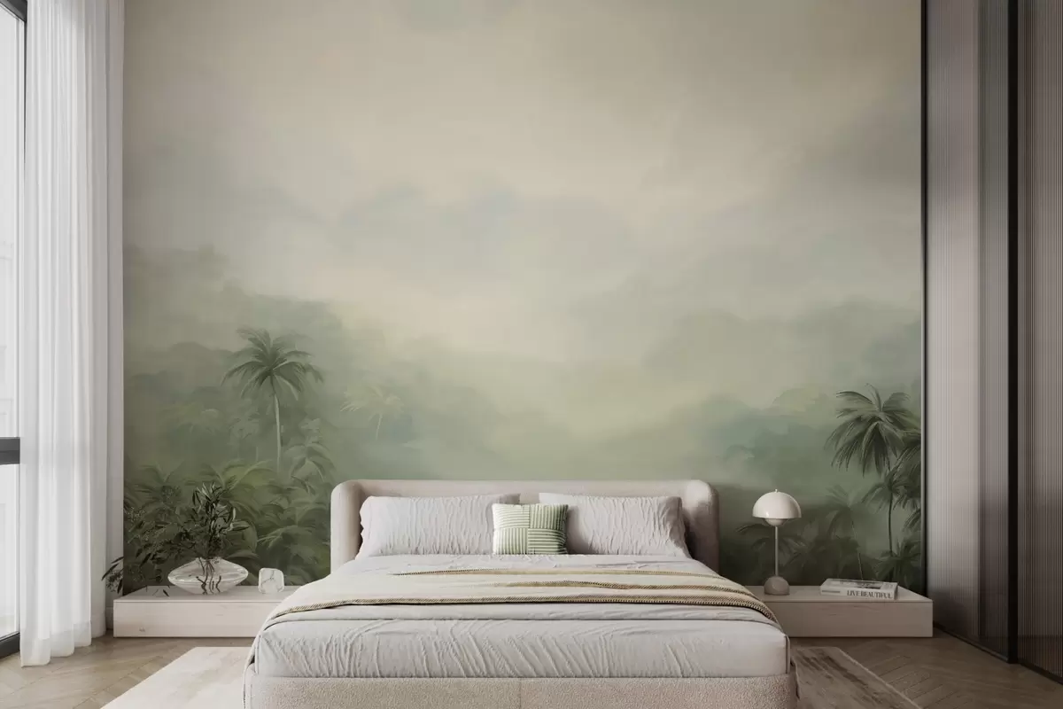 Fotobehang Gungle landschap met weelderige groene palmbomen en glooiende heuvels, zachte pastelkleuren, structuurschilderij imitatie w09194
