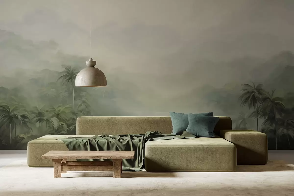 Fotobehang Gungle landschap met weelderige groene palmbomen en glooiende heuvels, zachte pastelkleuren, structuurschilderij imitatie w09194
