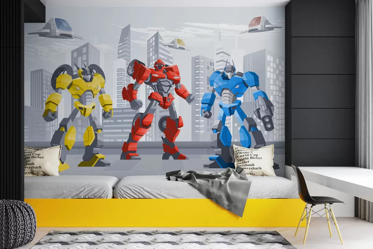 Papier peint photo Des robots transformateurs sur fond de ville monochrome w04012