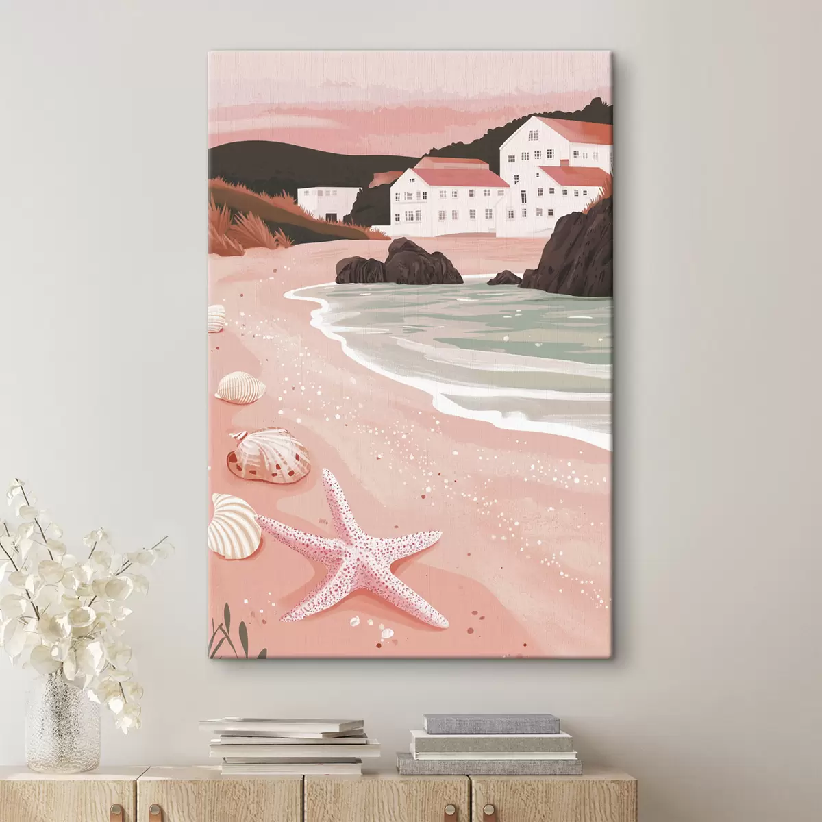  Schilderijen Gezellig roze strand met witte huisjes en zeeschelpen s44713