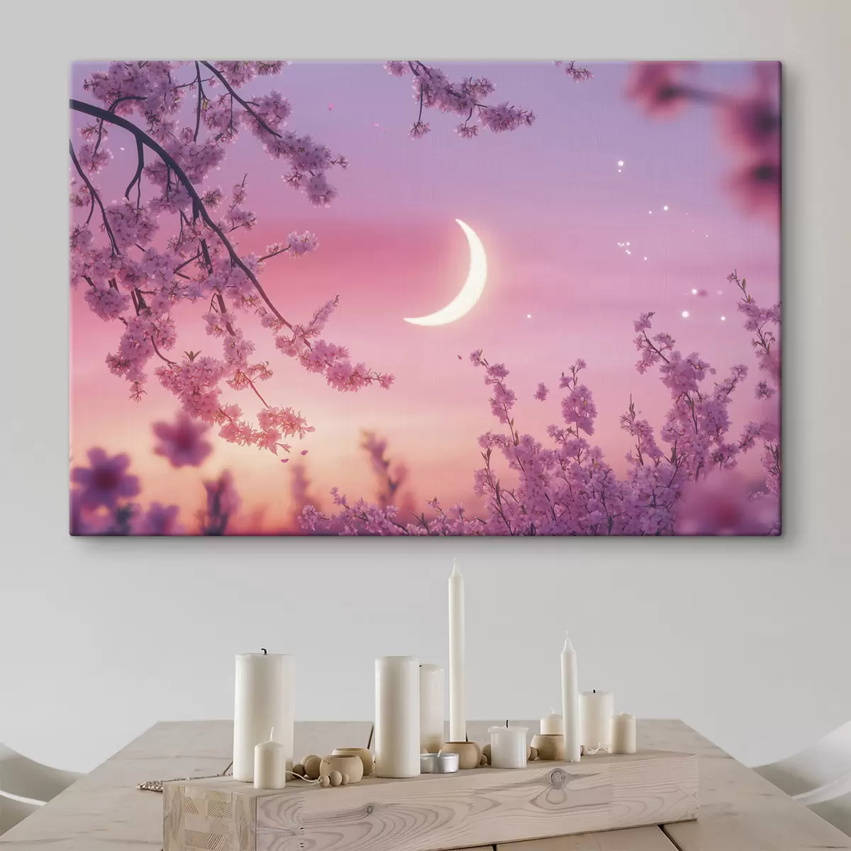 Peintures Fleur de cerisier, ciel rose avec lune brillante, réalisme s44715