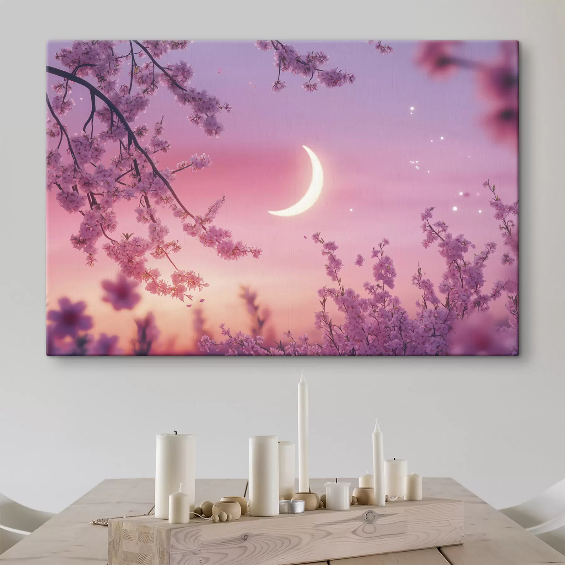 Papier peint photo Fleur de cerisier, ciel rose avec lune brillante, réalisme s44715