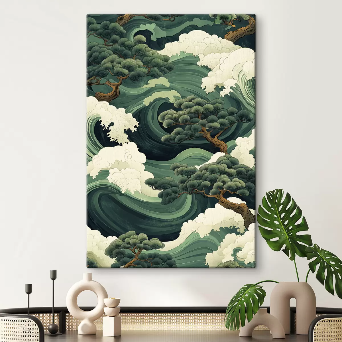  Peintures Dessin de style chinois avec des vagues et des pins s44719