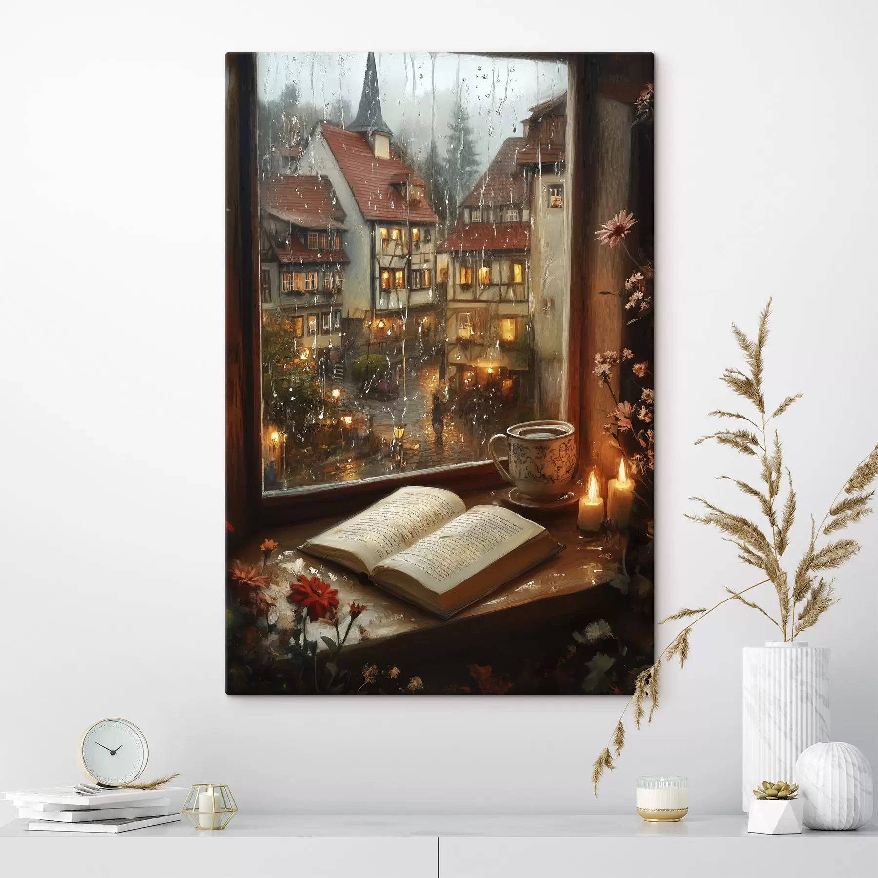Fotobehang Boek op de vensterbank, kaarsen, regenachtige dag, gezellig s44722