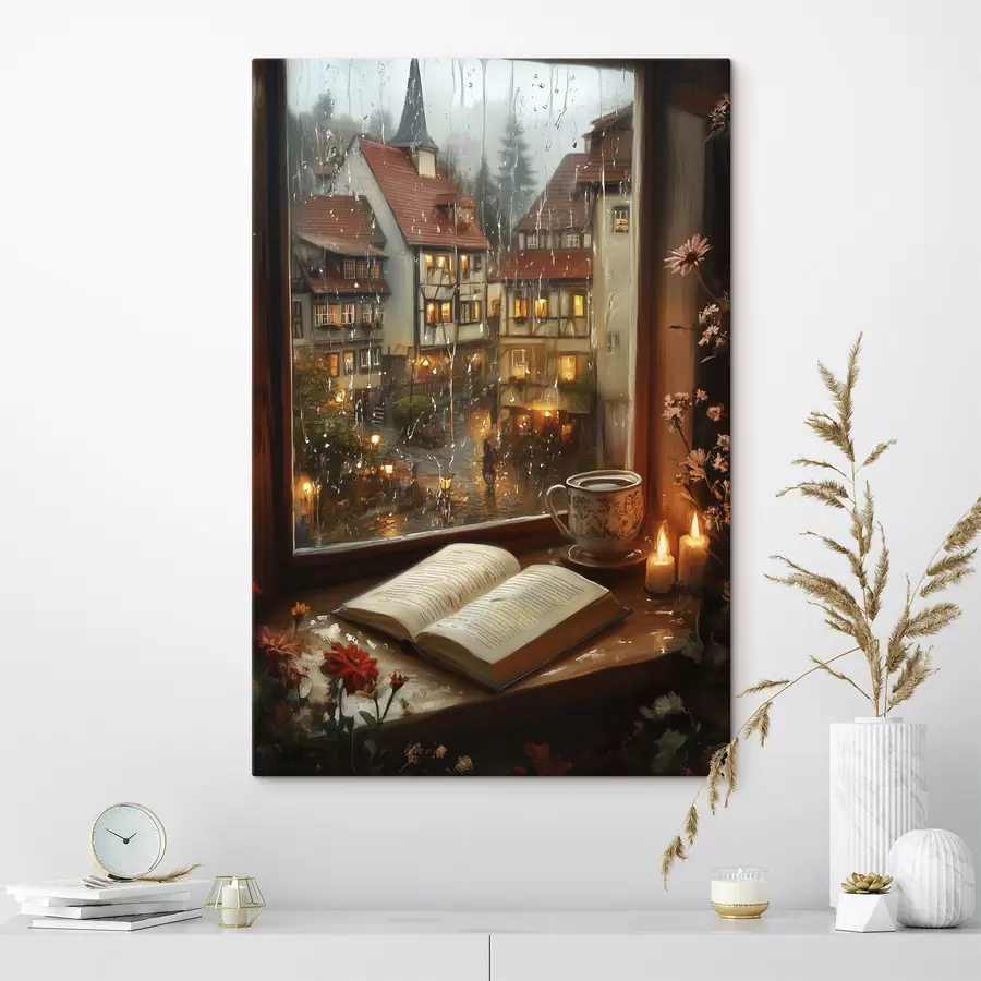  Peintures Livre sur le rebord de la fenêtre, bougies, jour de pluie, confortable s44722