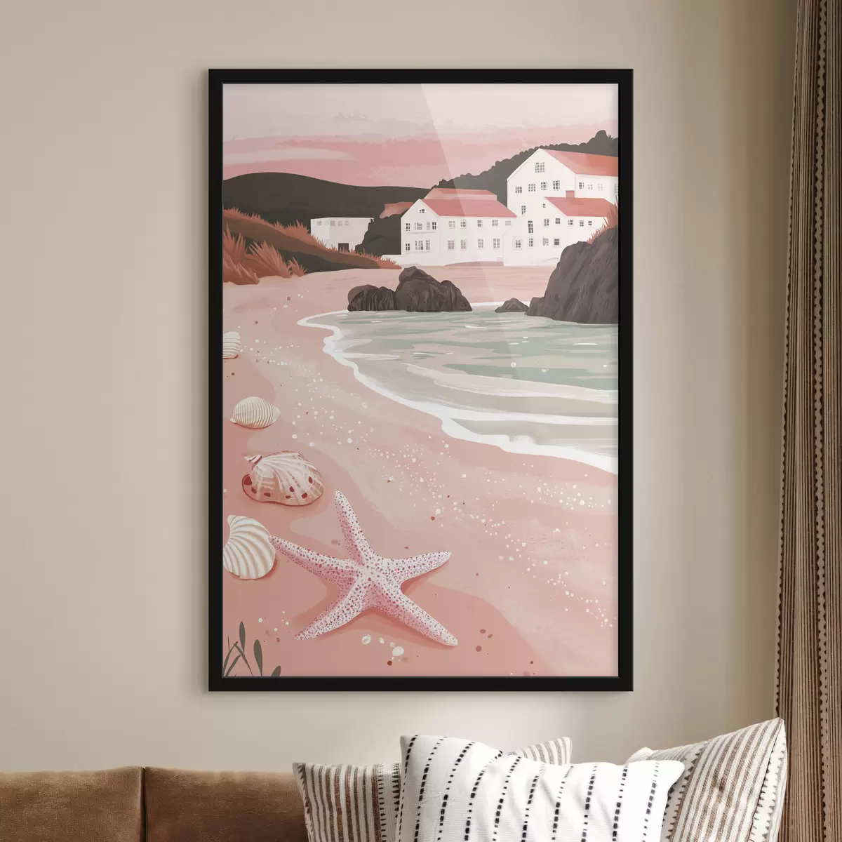 Affiche Douce plage rose avec des maisons blanches et des coquillages f44713