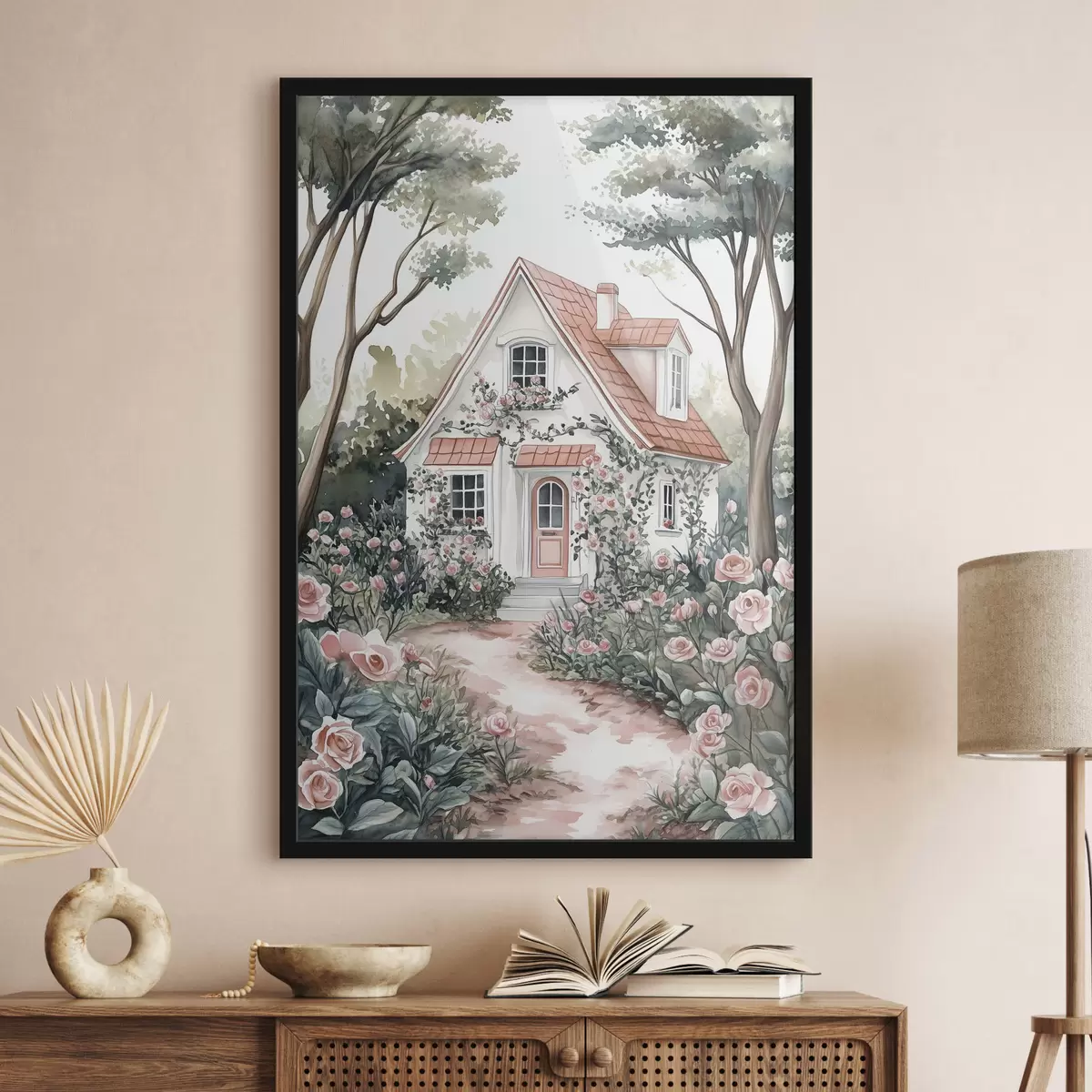 Affiche Maison blanche avec jardin de roses dans les bois f44716