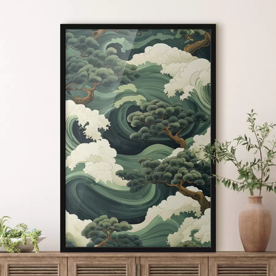 Fotobehang Tekening in Chinese stijl met zeegolven en pijnbomen f44719