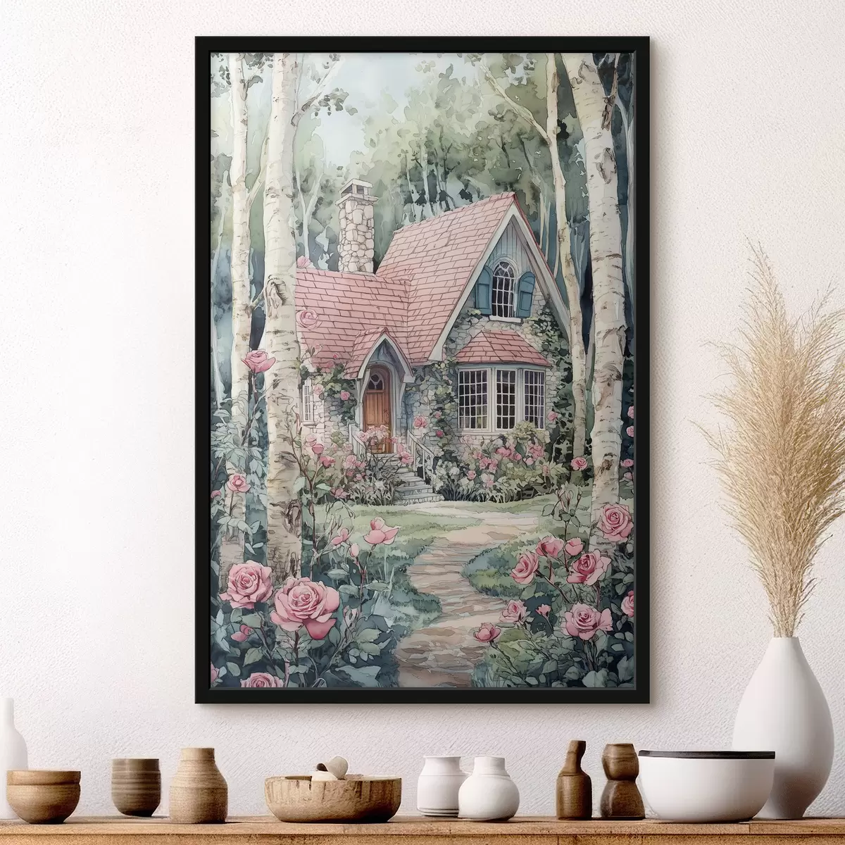 Affiche Belle maison dans les bouleaux, jardin de roses f44721