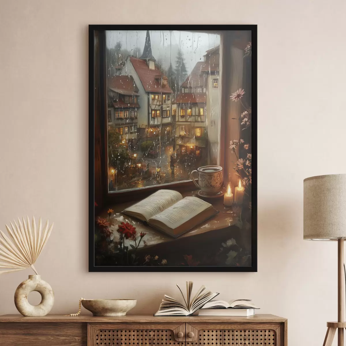 Poster Boek op de vensterbank, kaarsen, regenachtige dag, gezellig f44722
