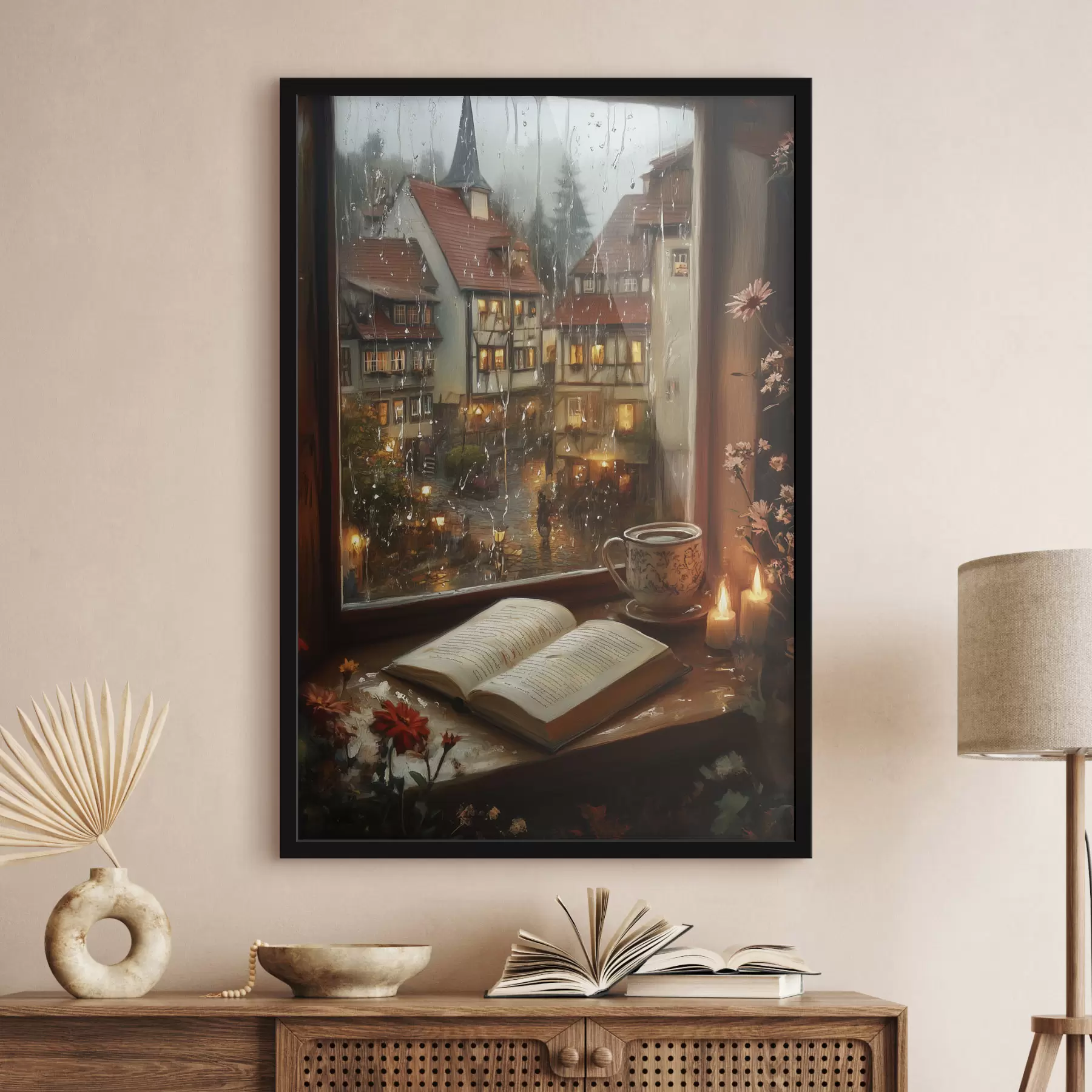  Schilderijen Boek op de vensterbank, kaarsen, regenachtige dag, gezellig f44722