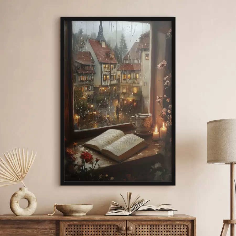 Fotobehang Boek op de vensterbank, kaarsen, regenachtige dag, gezellig f44722