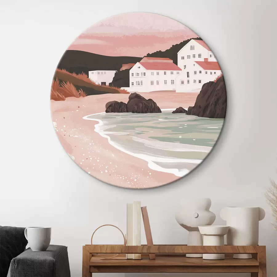  Schilderijen Gezellig roze strand met witte huisjes en zeeschelpen r44713