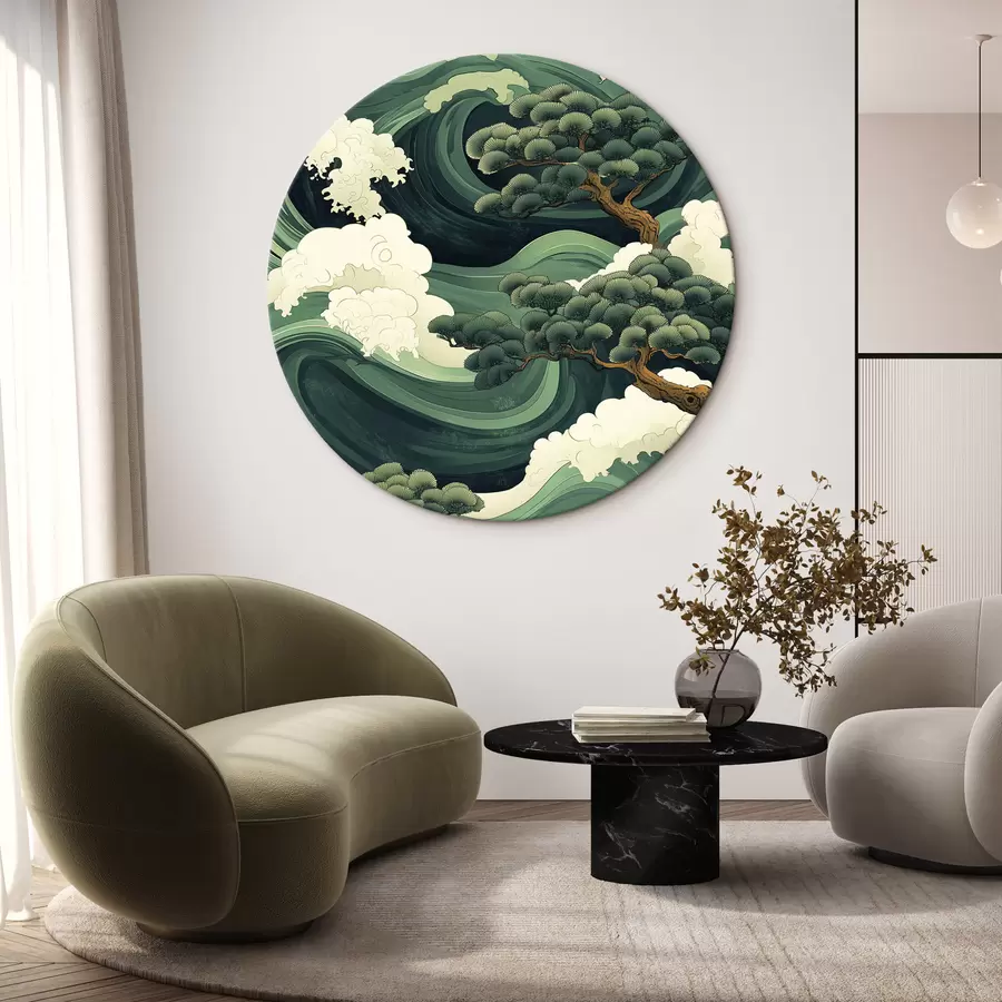  Schilderijen Tekening in Chinese stijl met zeegolven en pijnbomen r44719