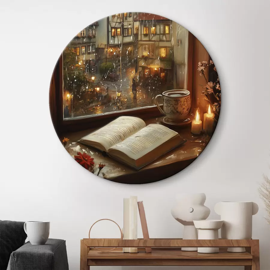  Peintures Livre sur le rebord de la fenêtre, bougies, jour de pluie, confortable r44722