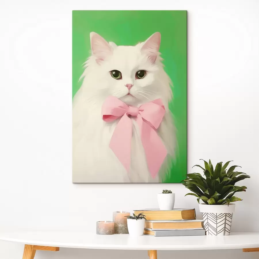  Schilderijen Witte kat met roze strik s44739