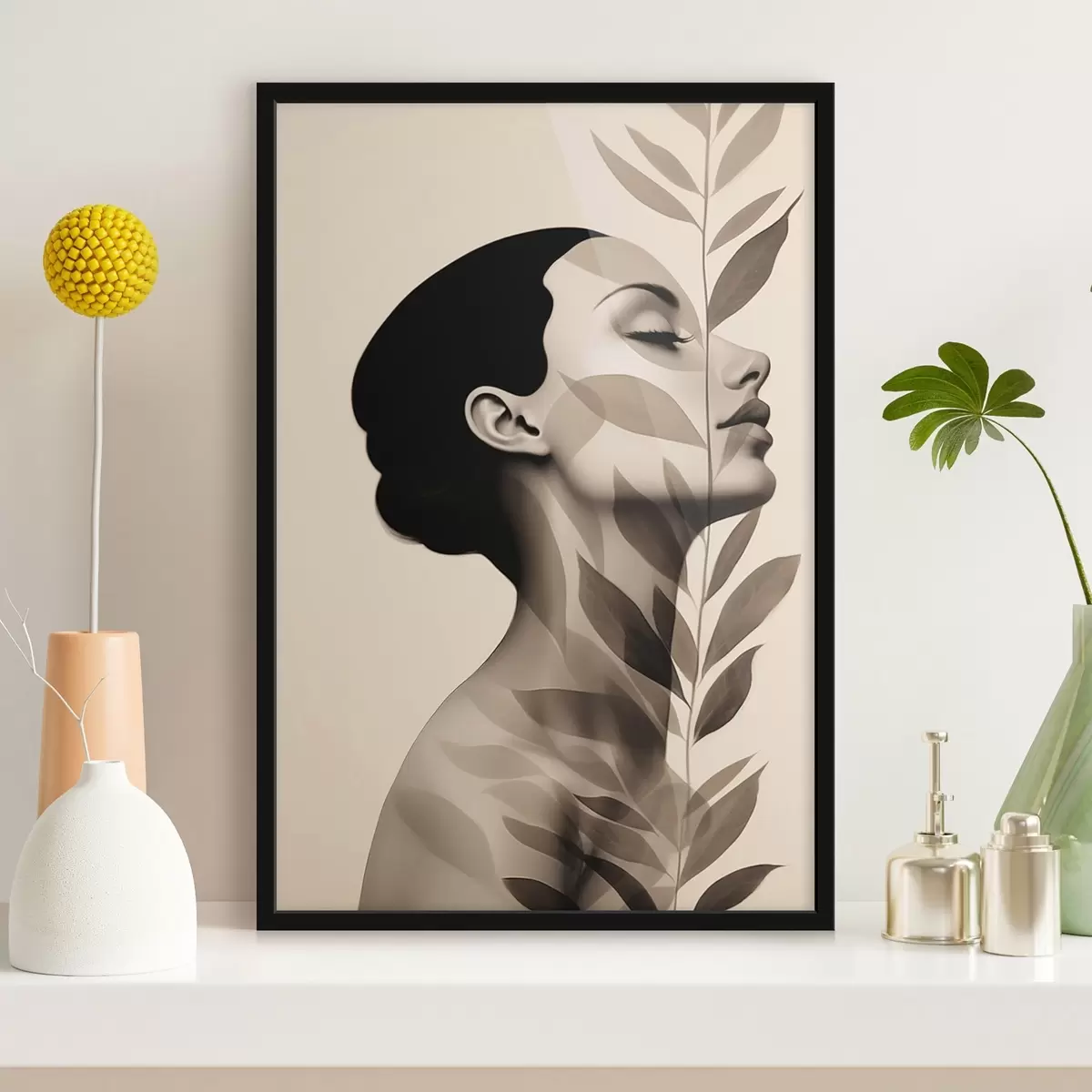 Poster Vrouwelijk profiel met bloemenpatroon f44725