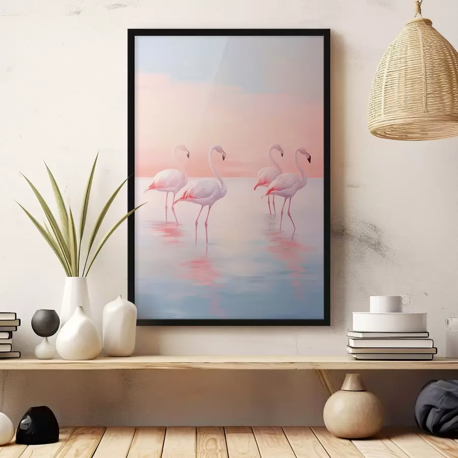  Peintures Flamants roses en eau peu profonde au coucher du soleil f44732