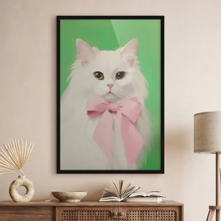 Fotobehang Witte kat met roze strik f44739