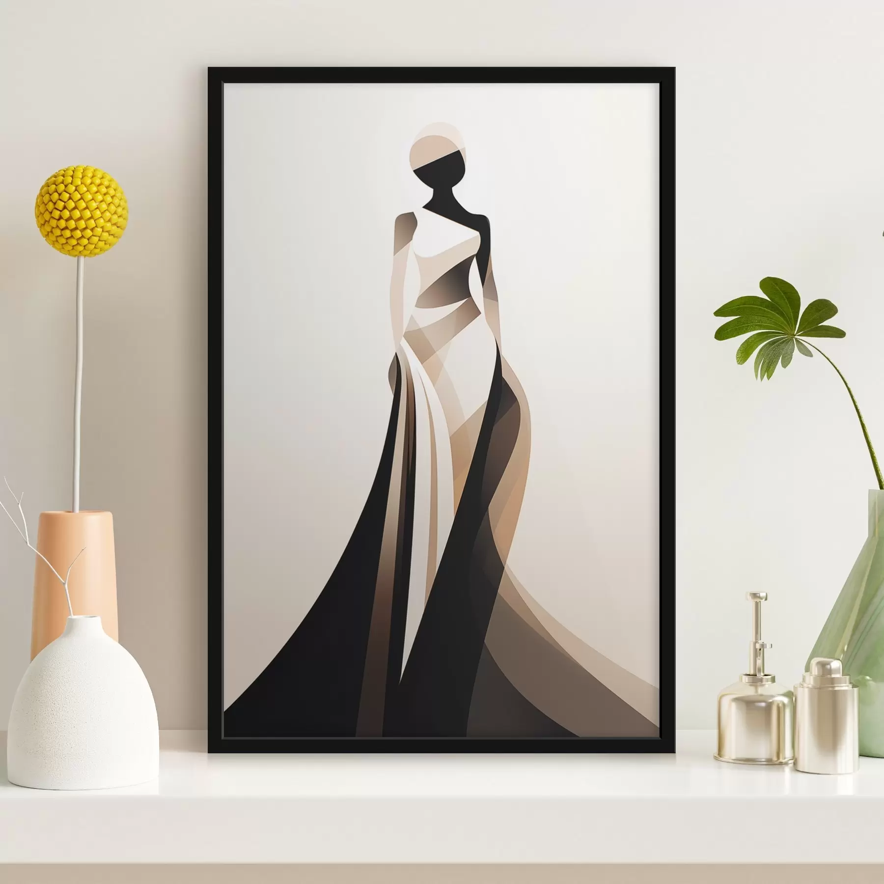 Fotobehang Vrouwelijk silhouet in beige en zwarte tinten f44749