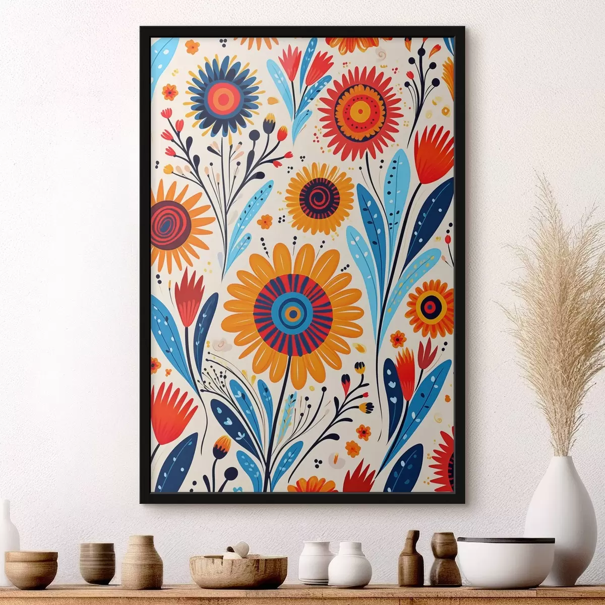 Affiche Fleurs stylisées dans une palette bleue et orange f44761