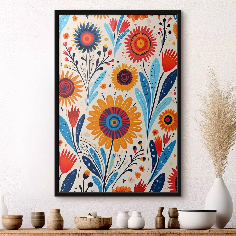 Fotobehang Gestileerde bloemen in blauw en oranje palet f44761