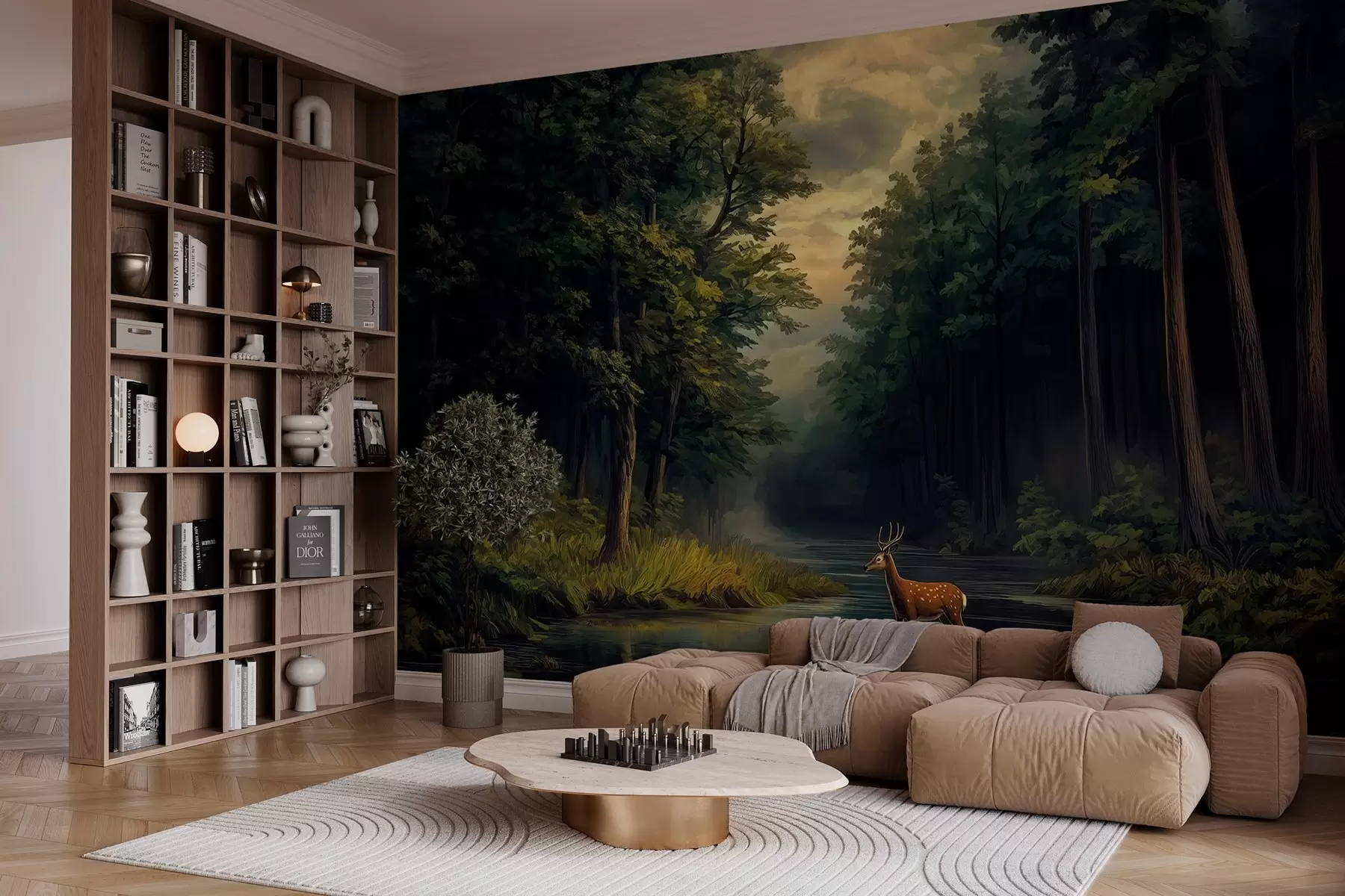 Fotobehang Bos met herten en rivier in de stijl van Nederlands olieverfschilderij w04072