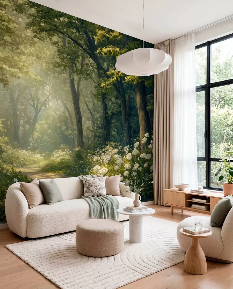 Fotobehang Pad in het groene bos, witte bloemen, zonlicht, tekening in acrylstijl w04119