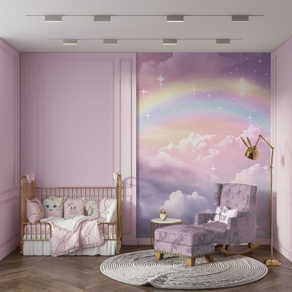 Fotobehang Regenboog in de wolken, Fotobehang kinderen, Fotobehang Regenboog Speelsheid, w04146 : Uwalls.be